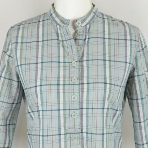 GoLite Women's Small Blue White Plaid  3/4 Sleeve Collared Popover Blouse - Picture 2 of 8